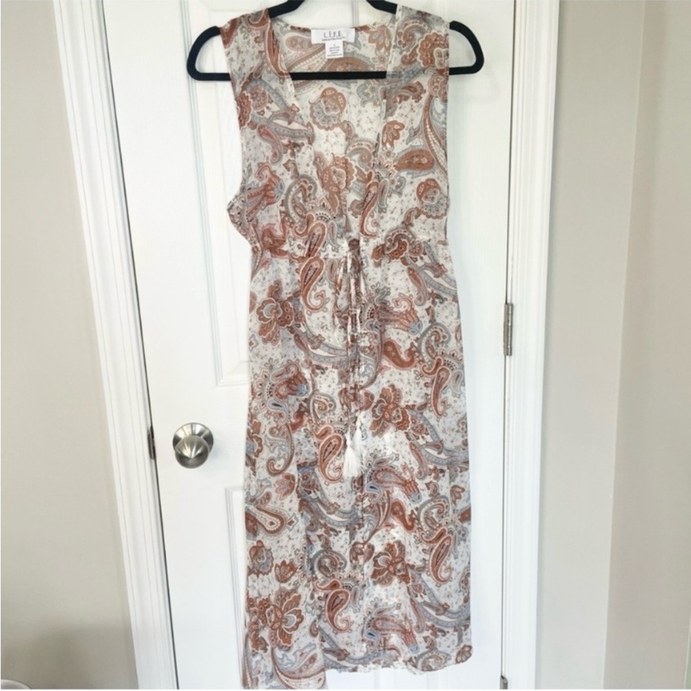 L.I.F.E. Ivory Brown Blue Paisley Boho Tie Sheer Duster Wrap Festival Medium
